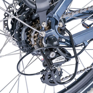 Shimano Altus rear derailleur and hub motor mechanism on the Ampere Hilux electric bike.