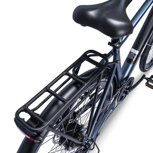 Top view of the sturdy rear luggage rack and saddle on the Ampere Hilux hybrid electric bike.