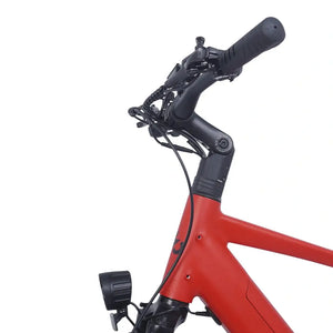 Close-up of the Ampere Hilux Crossbar molton red handlebar stem and brake levers with integrated front light below.