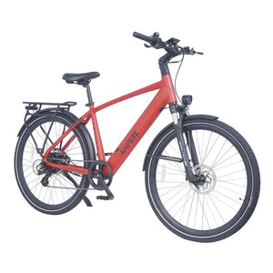 Ampere Hilux Crossbar electric city bike in molton red from a front three-quarter angle with rear rack and mudguards.