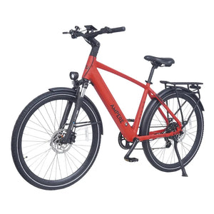 Ampere Hilux Crossbar molton red electric bike from a front three-quarter angle with kickstand deployed and rear rack.