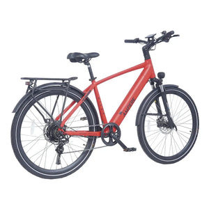 Ampere Hilux Crossbar molton red electric mountain bike from a rear three-quarter angle with white wall tyres.