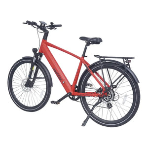 Ampere Hilux Crossbar molton red electric bike from the front showing kickstand deployed and rear rack.