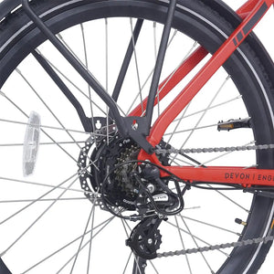 Close-up of the Ampere Hilux Crossbar molton red rear wheel showing Shimano Altus derailleur disc brake and mudguard.