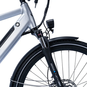 SR Suntour NEX front suspension fork on the blue Ampere Hilux electric bike.