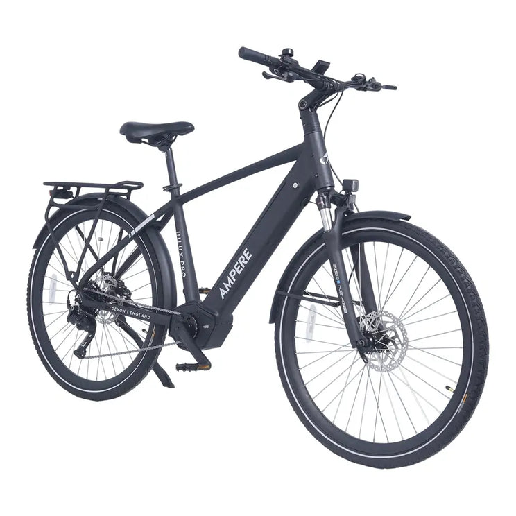 Ampere Hilux Pro crossbar electric bike in black from a front three-quarter angle with rear rack.