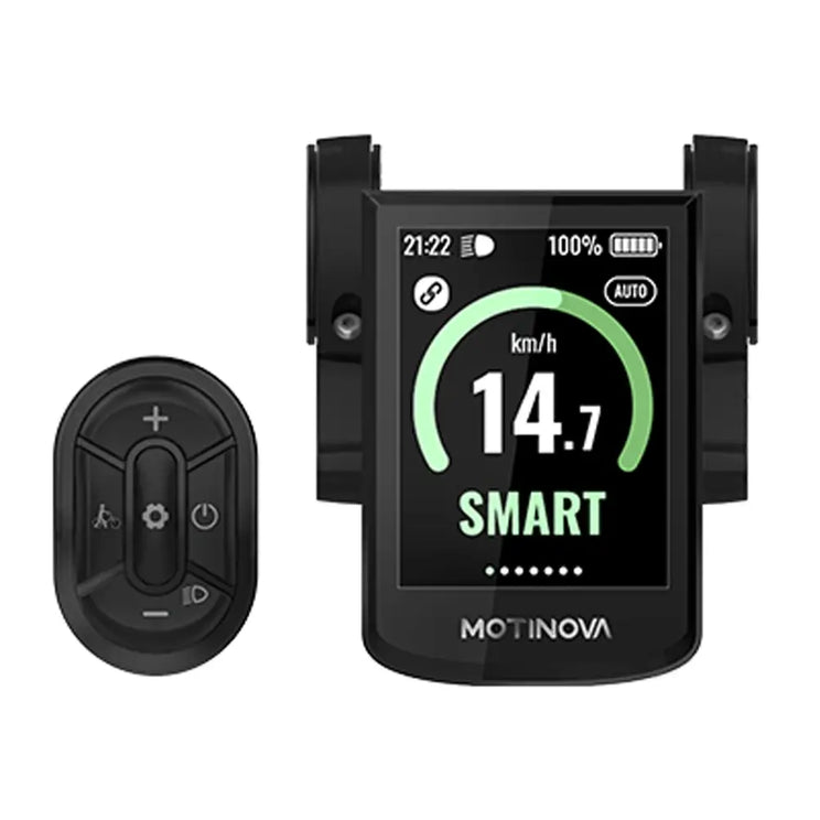 Motinova colour display and handlebar remote control unit as used on the Ampere Hilux Pro showing Smart mode.