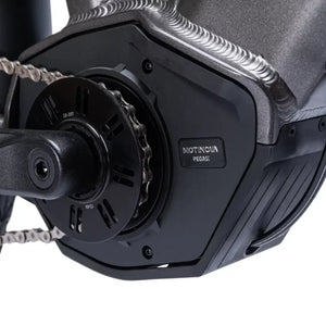 Close-up of Motinova mid-drive motor on Ampere Hilux Pro electric bike highlighting power and performance system.