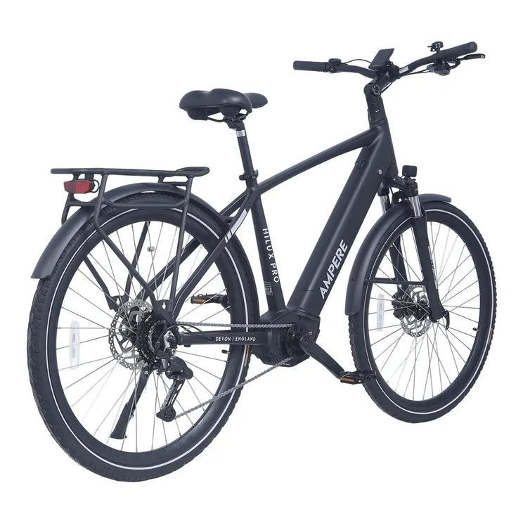 Ampere Hilux Pro black electric bike from a rear three-quarter angle showing rack mudguards and drivetrain.