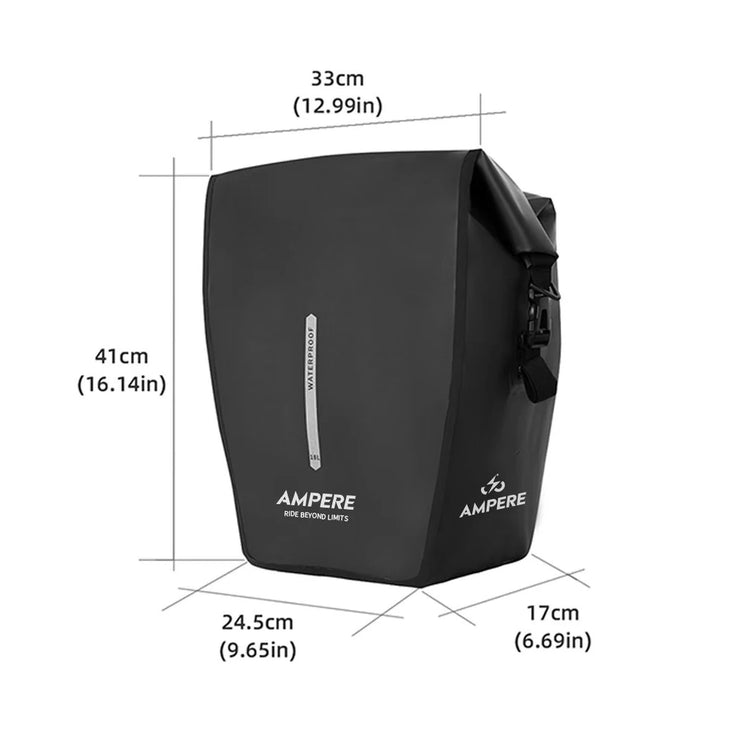 Ampere pannier bag dimensions showing 41cm height, 33cm top width, 24.5cm base and 17cm depth