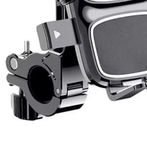 Close up of the Ampere phone holder handlebar clamp and rotating mount