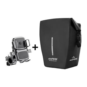 The Ampere accessory bundle kit displayed against a white background, featuring a universal handlebar phone mount and a waterproof 18L pannier bag.