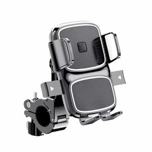 Close-up of the Ampere bicycle phone holder, highlighting the secure side-clamp mechanism and 360-degree rotatable handlebar mount.