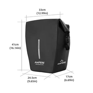 Technical view of the Ampere waterproof pannier bag showing dimensions (41cm x 33cm) and its 18-liter storage capacity for commuting.