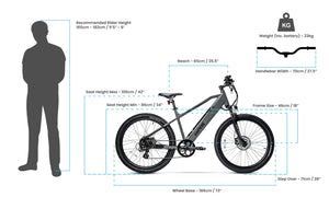 Measurement chart of the Ampere X-Trail 27.5" model with a silhouette of a person for scale.
