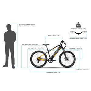 Diagram showing frame dimensions, rider height guide, and geometry for the Ampere X-Trail Mountain E-bike.