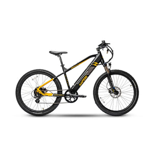 Full side profile of the black and yellow Ampere X-Trail electric mountain bike.