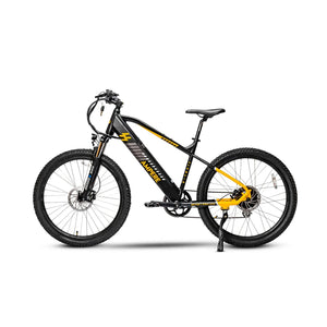 Full side profile of the black and yellow Ampere X-Trail electric mountain bike.