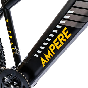 Close-up of the black and yellow Ampere integrated battery on the black downtube of the X-Trail.