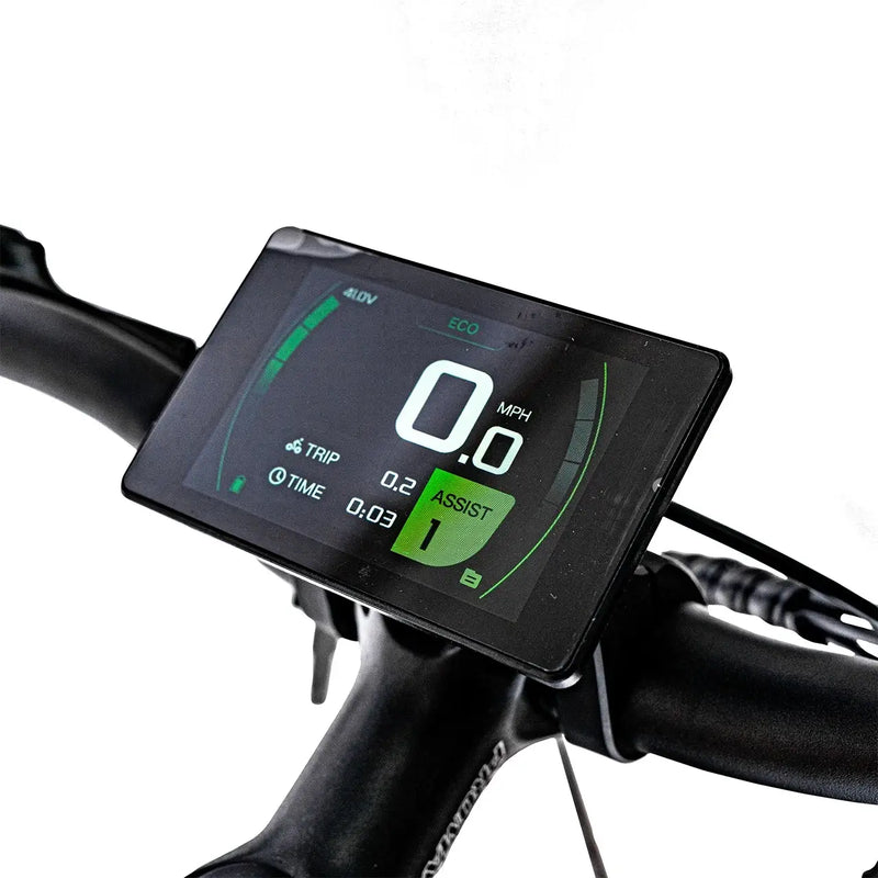 Digital LCD display screen showing speed and battery data on the Ampere X-Trail.