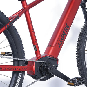 Close up of the Ampere X-Trail Pro down tube with integrated battery and mid drive motor