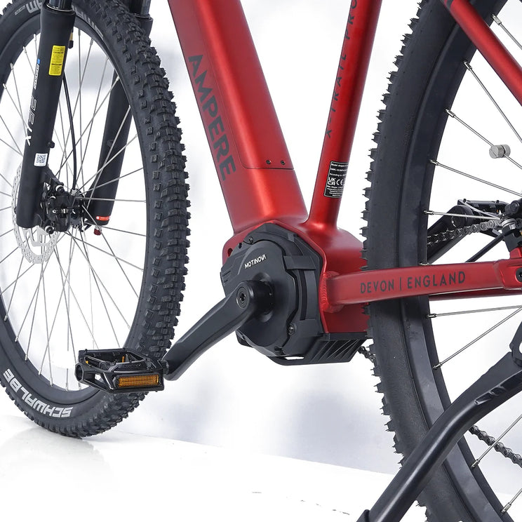 Close up of the Ampere X-Trail Pro 90Nm mid drive motor and alloy crank arm