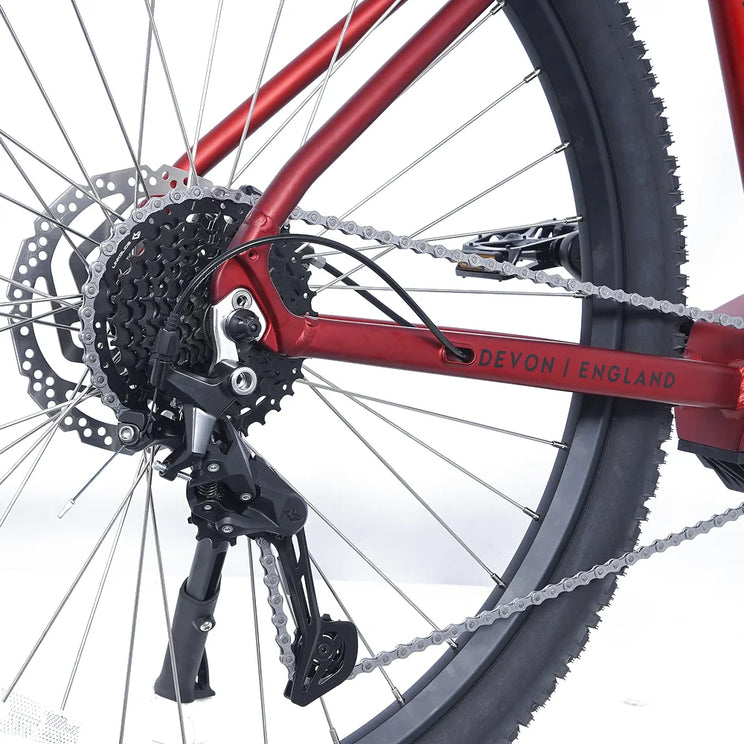 Shimano CUES 9 speed rear derailleur and 11 to 36 tooth cassette on the Ampere X-Trail Pro