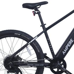 Rear section of the Ampere X-Trail black frame showing saddle seatpost X-Trail branding and Devon England chainstay.