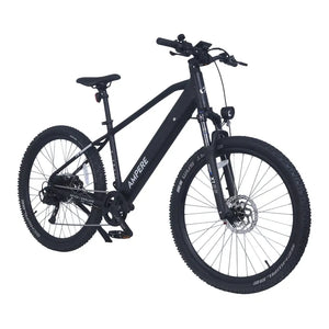 Ampere X-Trail electric mountain bike in black from a front three-quarter angle with Schwalbe tyres.
