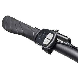 Close-up of the Ampere X-Trail handlebar control unit with power and set buttons.
