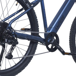 Detailed view of the Ampere X-Trail stone blue drivetrain showing crankset chain and rear derailleur.