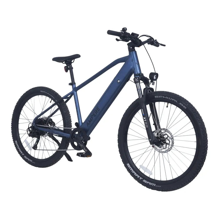 Ampere X-Trail electric mountain bike in stone blue from a front three-quarter angle.