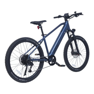 Ampere X-Trail stone blue electric mountain bike from a rear three-quarter angle with Schwalbe Smart Sam tyres.