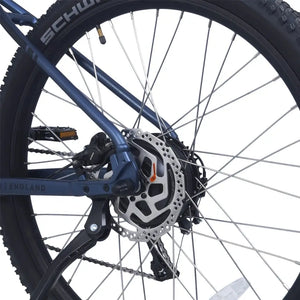 Close-up of the Ampere X-Trail stone blue rear wheel hub with hydraulic disc brake rotor.