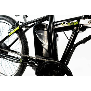 Close-up of the removable Li-ion battery pack integrated into the frame of the Basis Boxer e-bike.