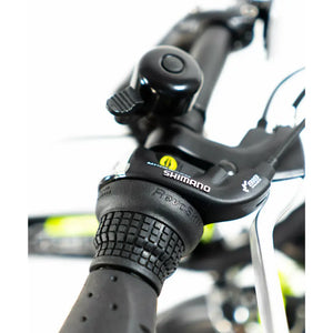 Detailed shot of the Shimano Revoshift twist grip shifter and bell on the Basis Boxer e-bike.