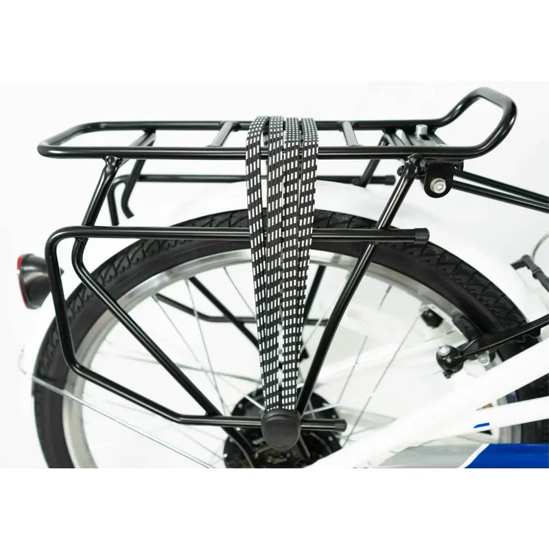 Close-up of the heavy-duty rear cargo rack with an attached bungee strap for secure transport.