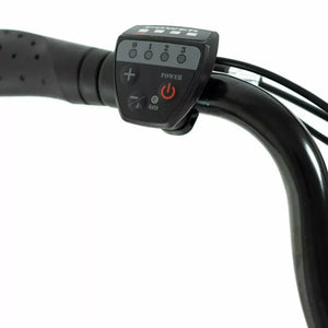 Close-up of the LED handlebar control panel, showing power levels (0-3) and battery indicator on the Basis Dorchester.