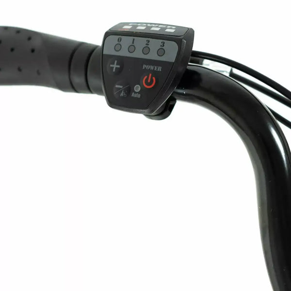 Close-up of the LED handlebar control panel, showing power levels (0-3) and battery indicator on the Basis Dorchester.