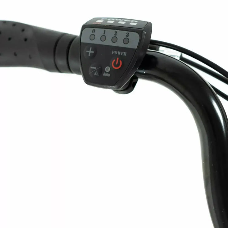 Close-up of the LED handlebar control panel, showing power levels (0-3) and battery indicator on the Basis Dorchester.