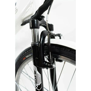 Detailed view of the Masera suspension fork and Tektro V-brake on the front wheel of the Basis Dorchester.