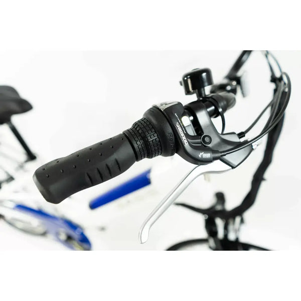 Detailed shot of the Shimano Revoshift twist shifter, brake lever, and integrated bell on the Basis Dorchester.