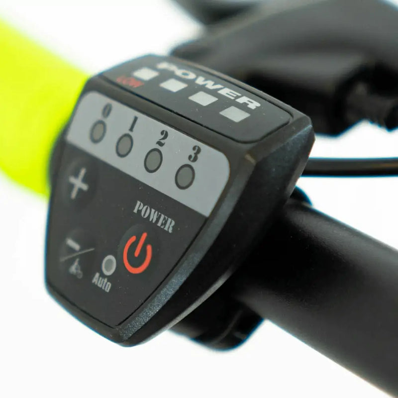 Close-up of the handlebar-mounted LED control panel on the Basis Hunter Electric Mountain Bike showing power and assist levels.