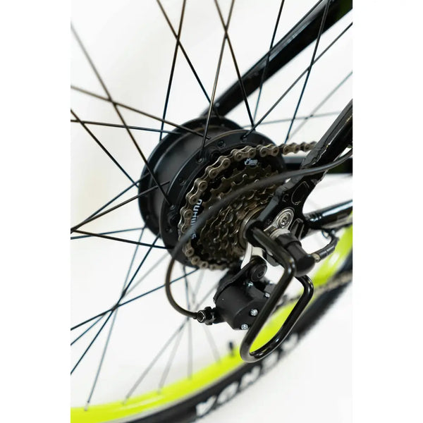 Close-up of the rear hub motor and multi-speed cassette on the Basis Hunter Unisex Electric Mountain Bike 250W, highlighting drivetrain components.