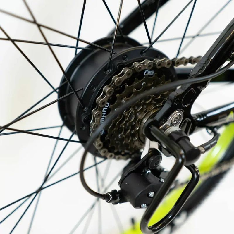Close-up of the rear hub motor and multi-speed cassette on the Basis Hunter Unisex Electric Mountain Bike 250W, highlighting drivetrain components.