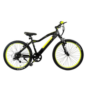 Side view of the Basis Hunter Unisex Integrated Electric Mountain Bike 250W featuring front suspension and bold rim accents.