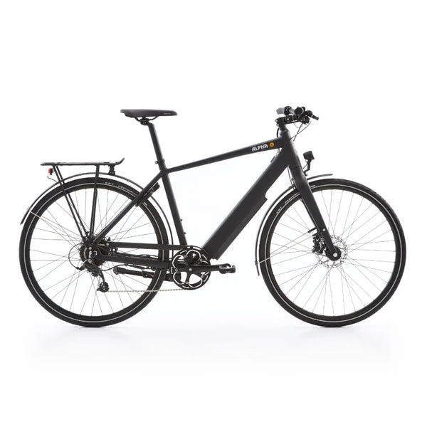 Side view of the Batribike Alpha X electric city bike in black, featuring a 250W motor, diamond frame, and rear luggage rack.