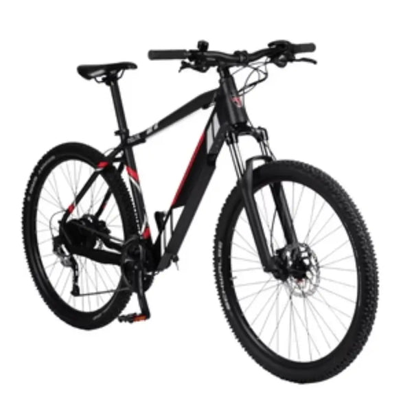 Front angled view of the Batribike Delta electric hardtail mountain bike in black, featuring a 250W motor and front suspension.