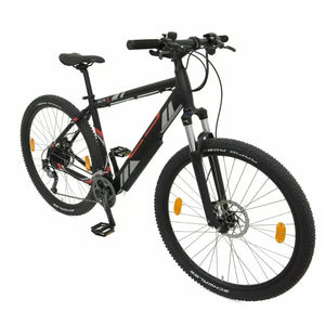 Batribike Delta hardtail electric mountain bike in black with red and grey accents, showing suspension forks, 27.5-inch wheels, disc brakes, and integrated battery for off-road riding.