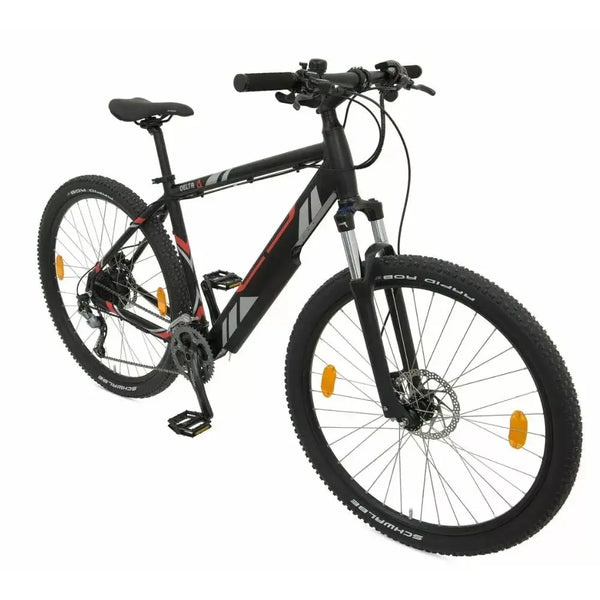 Batribike Delta hardtail electric mountain bike in black with red and grey accents, showing suspension forks, 27.5-inch wheels, disc brakes, and integrated battery for off-road riding.
